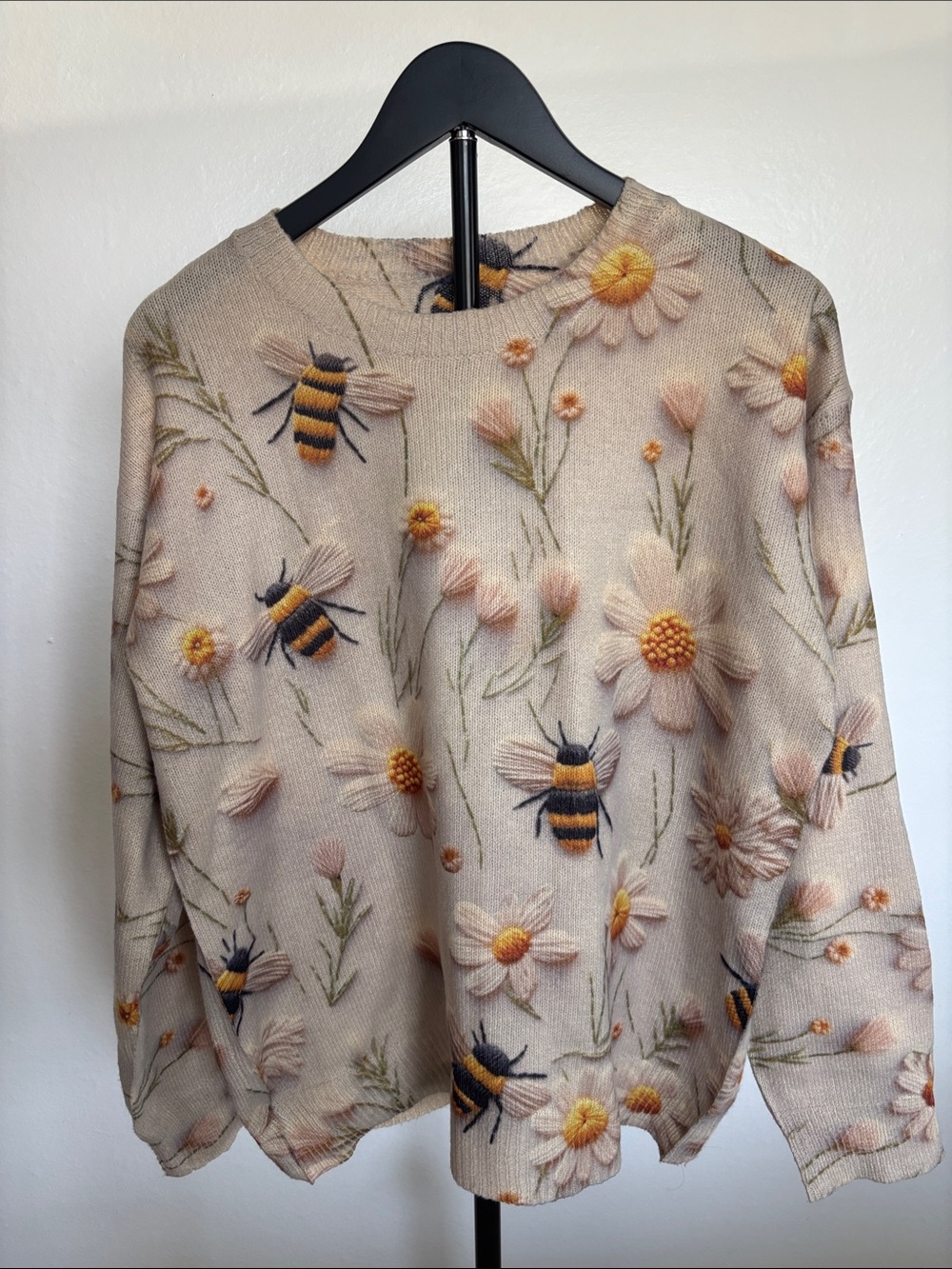 Floral Bee Print Crewneck Sweater - Beige